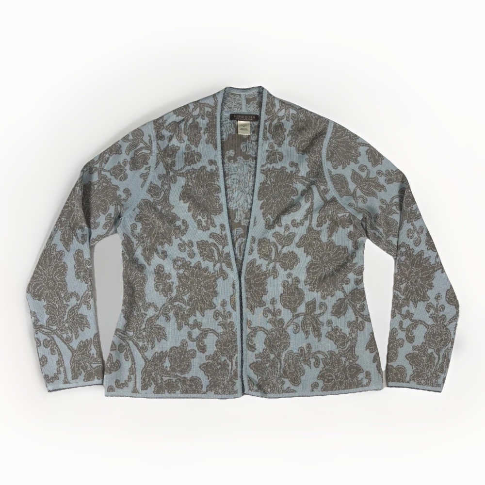 Sigrid Olsen Cardigan Women Petite M Blue Silk Floral Open Front Beaded Damask